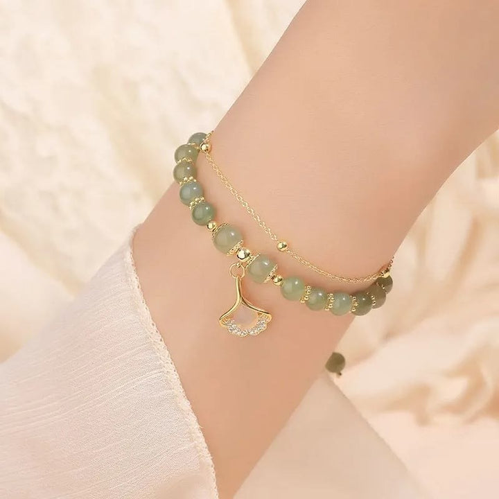 Buddha Stones Jade Leaf Ginkgo Tulip Peanut Fu Character Luck Beaded Bracelet - image 10
