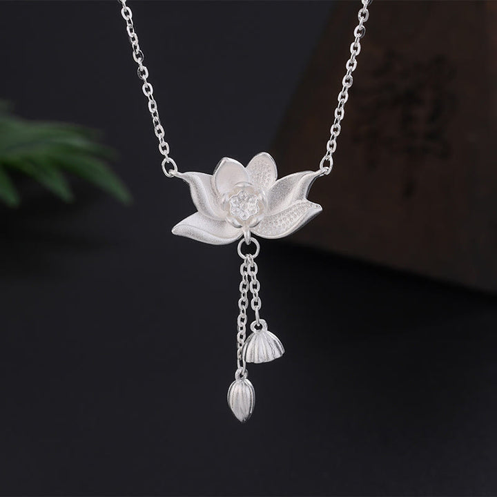 Buddha Stones 999 Sterling Silver Lotus Flower Pod Carved Enlightenment Necklace Pendant - 999 Sterling Silver - image 0