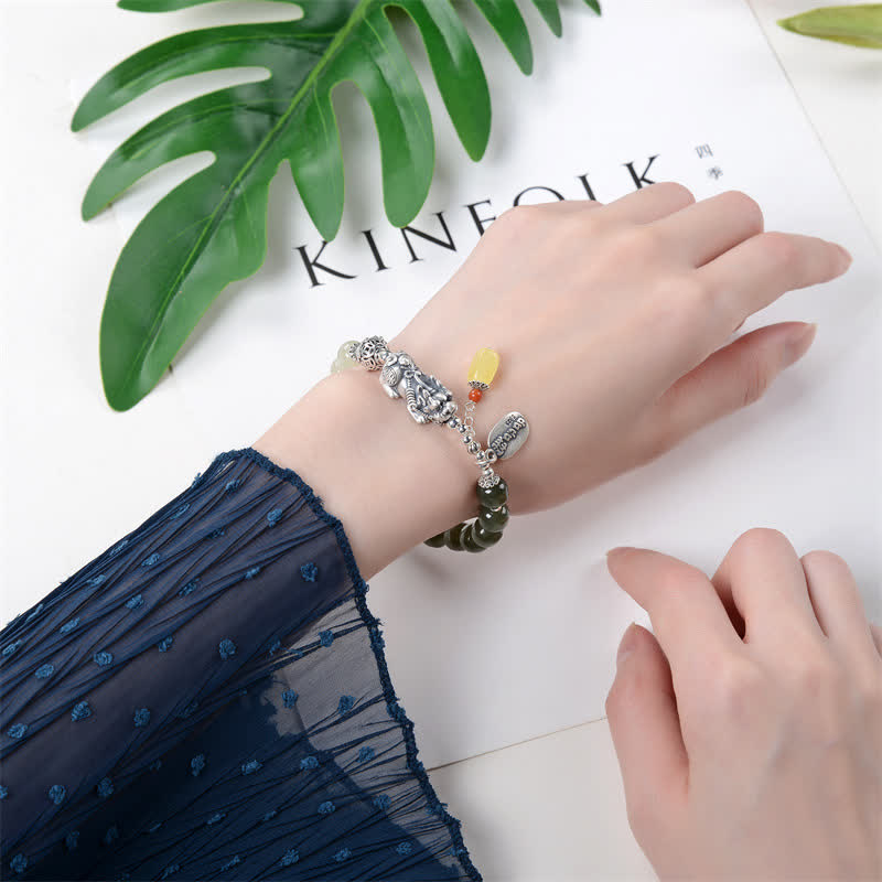 925 Sterling Silver Natural Hetian Jade Amber PiXiu Luck Bracelet - image 2