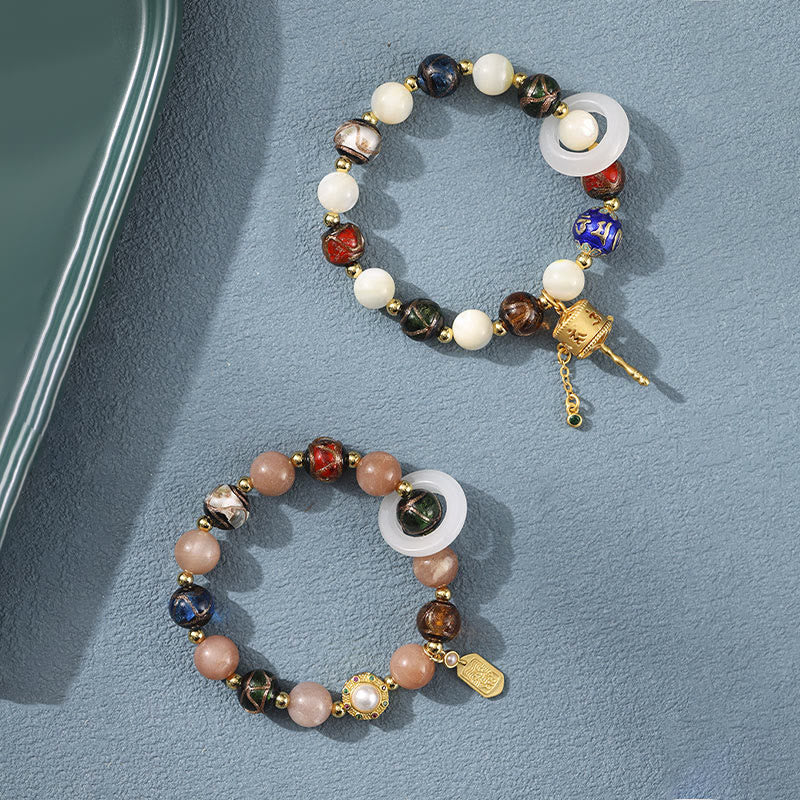 Buddha Stones Tibetan Incense Ash Liuli Glass Tridacna Stone Sun Stone Om Mani Padme Hum Prayer Wheel Charm Bracelet - image 1