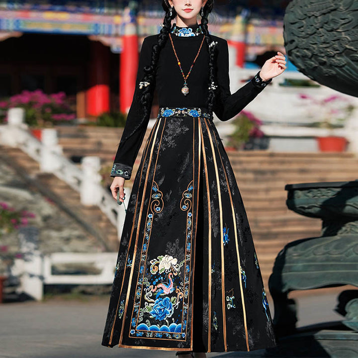 Buddha Stones Long Sleeve T-Shirt Top Tee Chinese Hanfu Embroidery Colorful Peony Flowers Horse Face Skirt Mamianqun