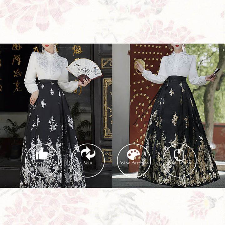 Buddha Stones Flowers Leaves Feathers Long Sleeve Shirt Top Chinese Hanfu Ming Dynasty Horse Face Skirt Mamianqun Skirt