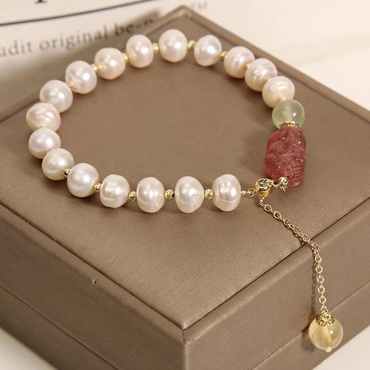 Buddha Stones Natural Pearl Strawberry Quartz PiXiu Optimism Charm Bracelet - image 2
