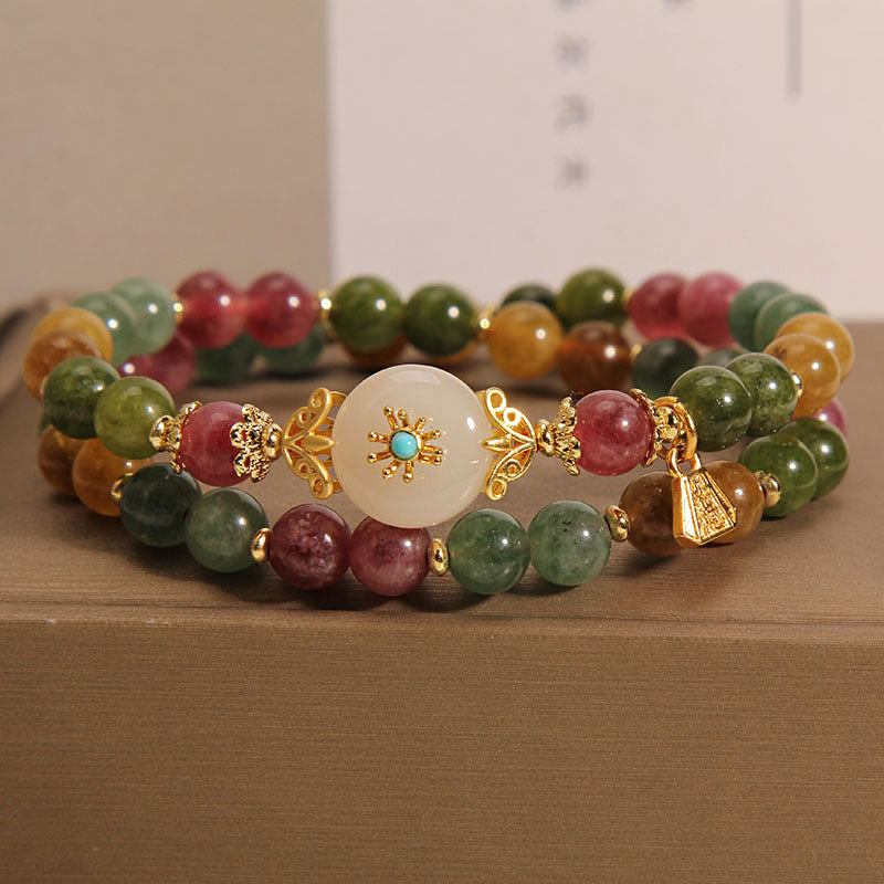 Buddha Stones Natural Multicolored Tourmaline Positive Jade Flower Double Wrap Bracelet