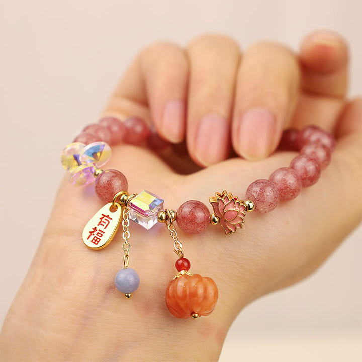 Buddha Stones Natural Strawberry Quartz Fu Character Pumpkin Charm Positive Bracelet