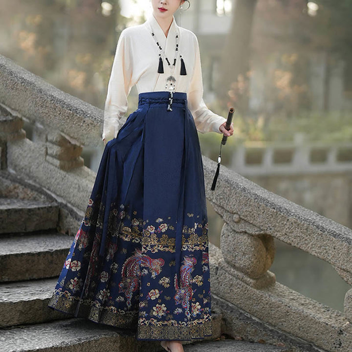 Buddha Stones Blue Phoenix Flowers Printed Chinese Hanfu Horse Face Skirt Mamianqun