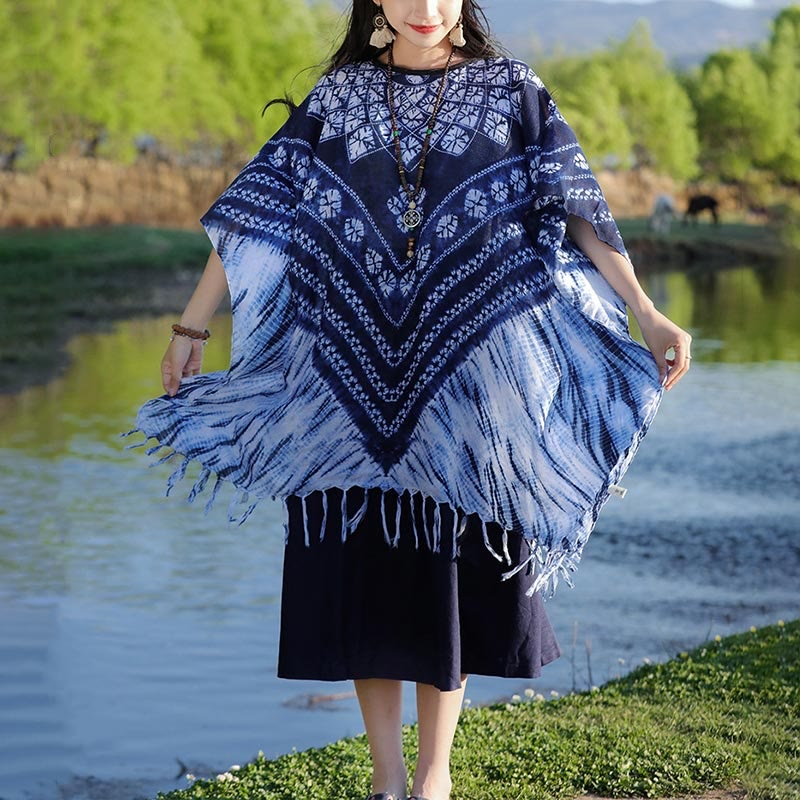 Buddha Stones Blue Striped Floral Indigo Dyeing Shawl Tassels Cozy Pullover 90*95cm