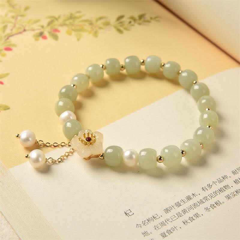 Hetian Jade Flower Pearl Happiness Abundance Bracelet - image 6