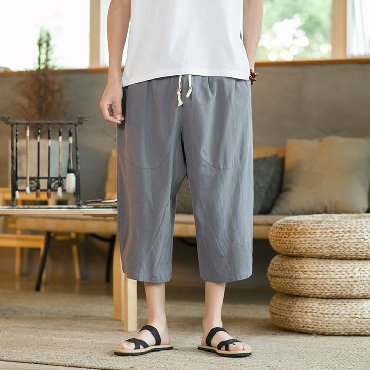 Buddha Stones Solid Color Mid-length Linen Men's Wide Leg Pants With Pockets