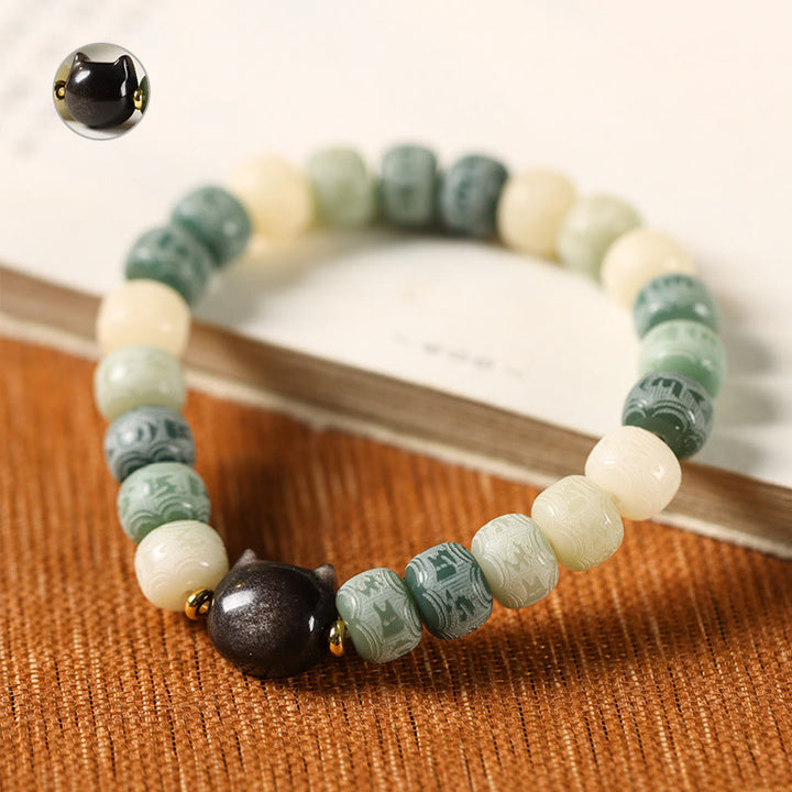 Buddha Stones Bodhi Seed Silver Sheen Obsidian Cat Head Om Mani Padme Hum Engraved Harmony Bracelet - image 9