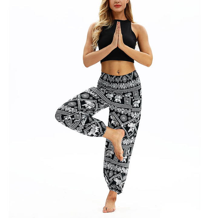 Buddha Stones Boho Loose Geometric Elephant Pattern Harem Trousers Women's Yoga Pants