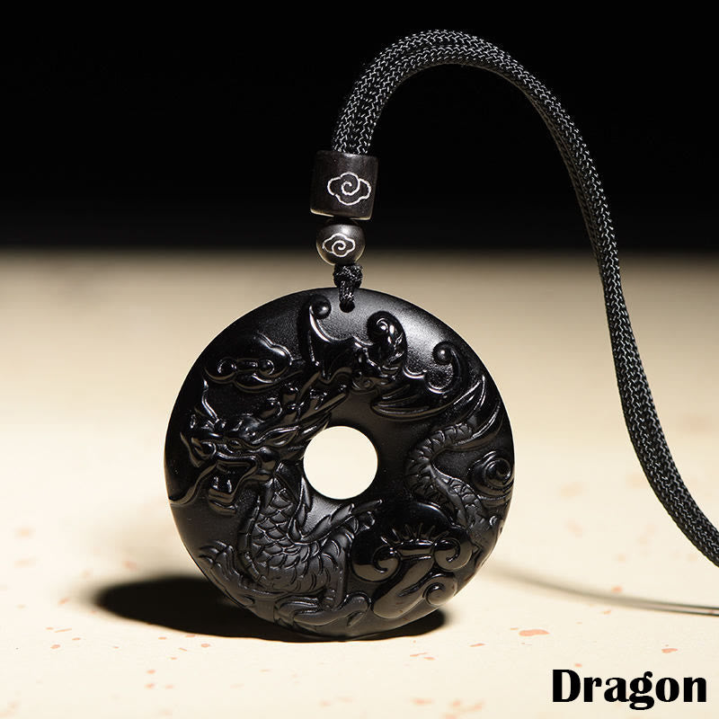 Buddha Stones Chinese Zodiac Natural Black Obsidian Peace Buckle Strength Necklace Pendant - Dragon - image 16
