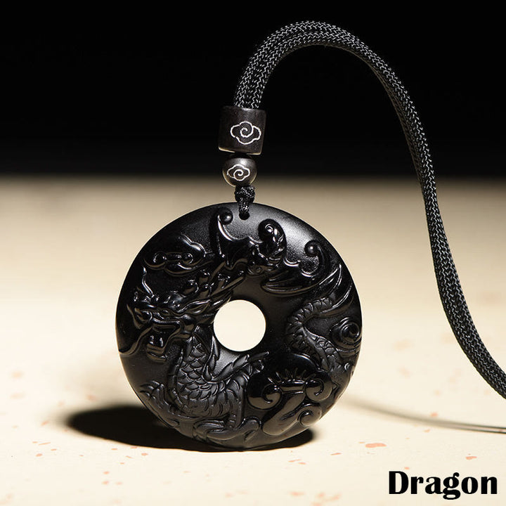 Buddha Stones Chinese Zodiac Natural Black Obsidian Peace Buckle Strength Necklace Pendant - Dragon - image 16