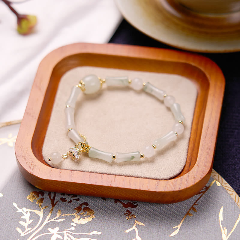 Buddha Stones Tianshan White Jade Bamboo Pattern Luck Blessing Bracelet