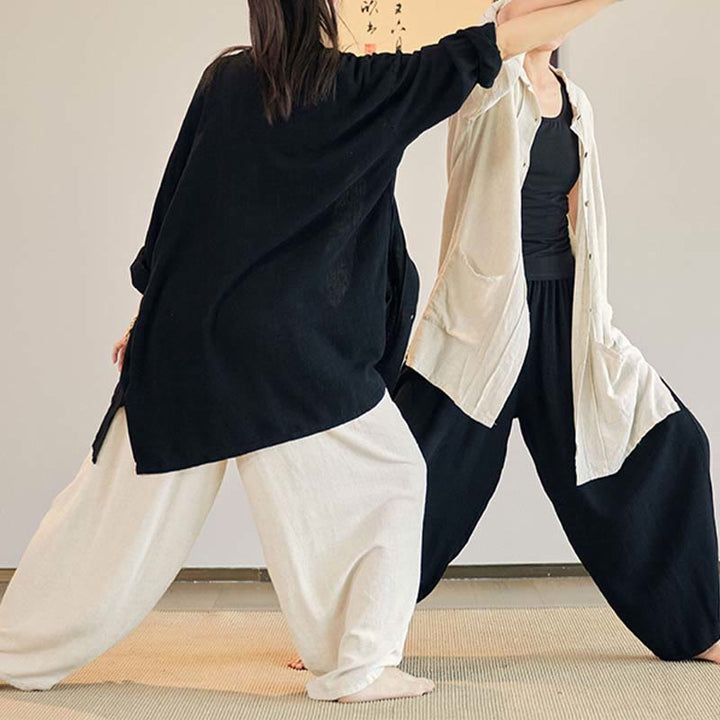 Buddha Stones Plain Long Sleeve Coat Jacket Top Wide Leg Pants Zen Tai Chi Yoga Meditation Clothing