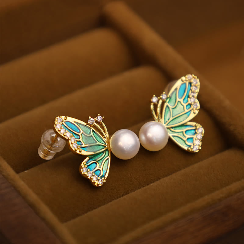 Buddha Stones 925 Sterling Silver Posts 18K Gold Plated Copper Natural Pearl Butterfly Healing Stud Earrings