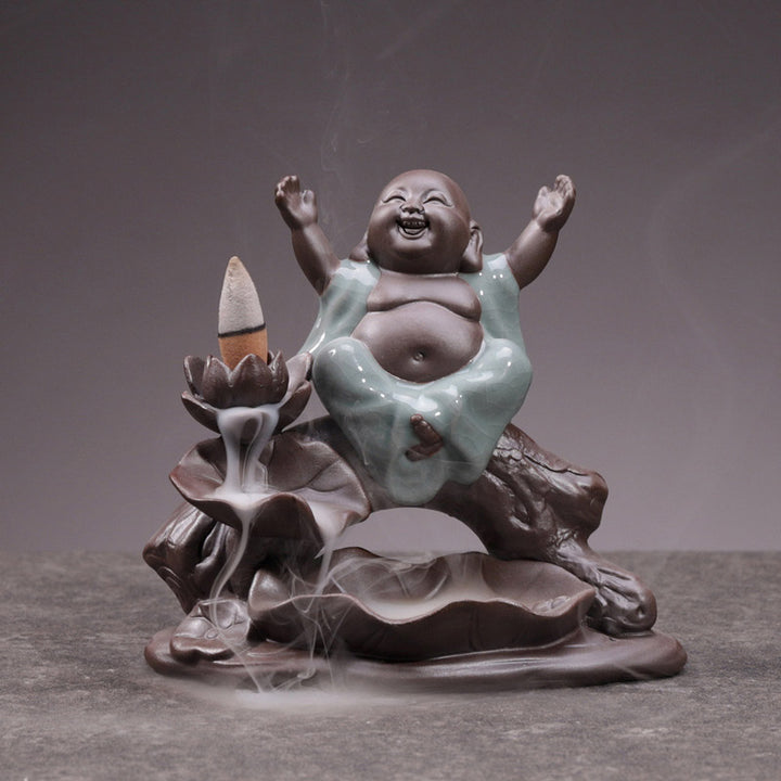 Buddha Stones Little Monk Ceramic Lotus Blessing Incense Burner Decoration - image 0