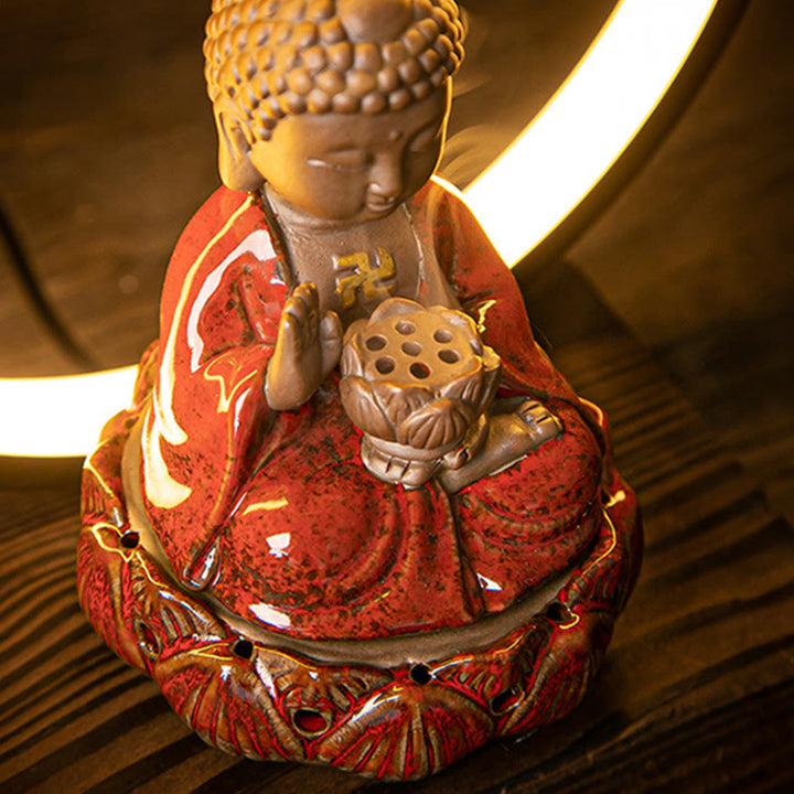Buddha Stones Buddha Lotus Backflow Smoke Fountain Ceramic Blessing Incense Burner With Light Decoration - image 3