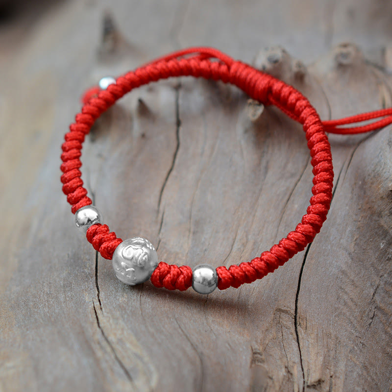 Buddha Stones 999 Sterling Silver Om Mani Padme Hum Copper Coin Luck Strength String Couple Bracelet - Silver Om Mani Padme Hum - Red Rope(Bracelet Size 15.5-24cm) - image 5