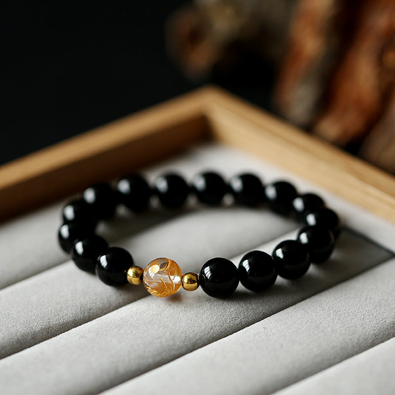 Buddha Stones Natural Black Obsidian White Crystal Black Onyx Dragon Strength Bracelet