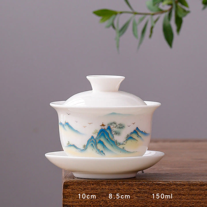 Buddha Stones White Porcelain Mountain Landscape Countryside Ceramic Gaiwan Teacup Kung Fu Tea Cup And Saucer With Lid