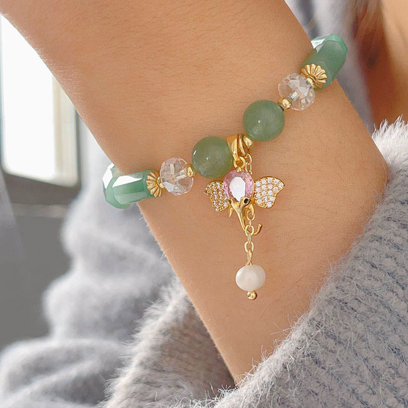 Buddha Stones Amethyst Green Aventurine Strawberry Quartz Positive Elephant Charm Bracelet