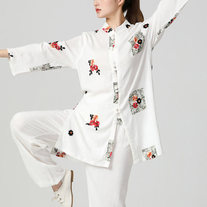 Buddha Stones Floral Print Meditation Prayer Spiritual Zen Tai Chi Qigong Practice Unisex Clothing Set