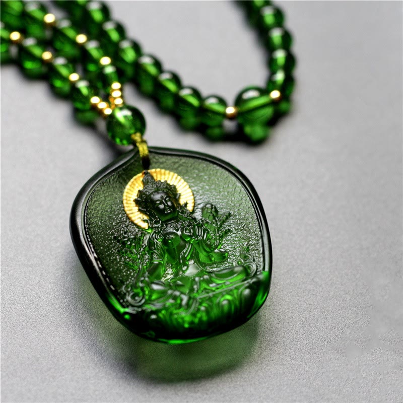 Buddha Stones Tibetan Green Tara Buddha Gold Plated Liuli Crystal Protection Necklace Pendant - Green Tara - Buddha Light Version - image 2