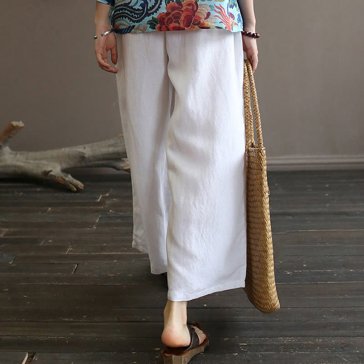 Buddha Stones Red Blue Peony Midi Dress Half Sleeve Cotton Linen Dress Wide Leg Pants With Pockets