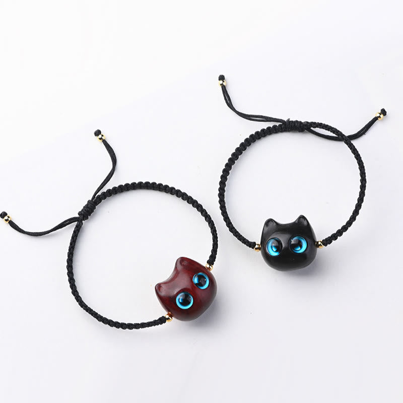 Buddha Stones Small Leaf Red Sandalwood Ebony Wood Cute Cat Head Calm Protection Braided Bracelet - image 18