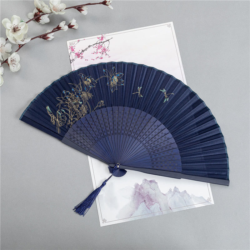 Buddha Stones Crane Dragonfly Lotus Peony Plum Blossom Butterfly Handheld Silk Bamboo Folding Fan 22.5cm