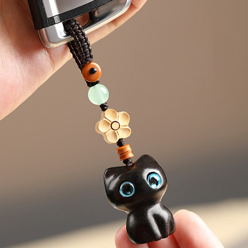 Buddha Stones Mini Small Leaf Red Sandalwood Ebony Wood Lucky Cat Lovely Kitty Peace Key Chain Phone Hanging Decoration - image 6