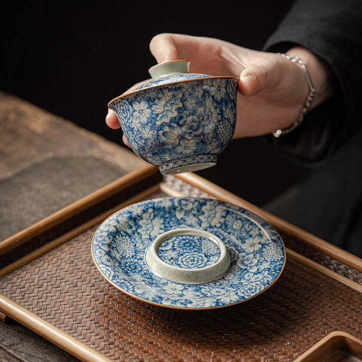 Buddha Stones Vintage Blue And White Porcelain Peach Blossom Lotus Peony Ceramic Gaiwan Sancai Teacup Kung Fu Tea Cup And Saucer With Lid - image 2