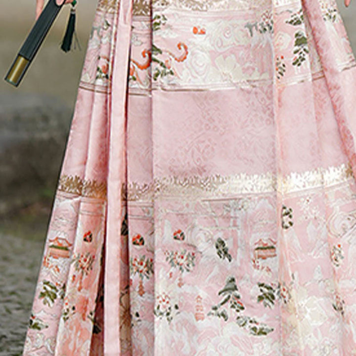 Buddha Stones Chinese Hanfu Pink Peach Garden Printed Horse Face Skirt Mamianqun