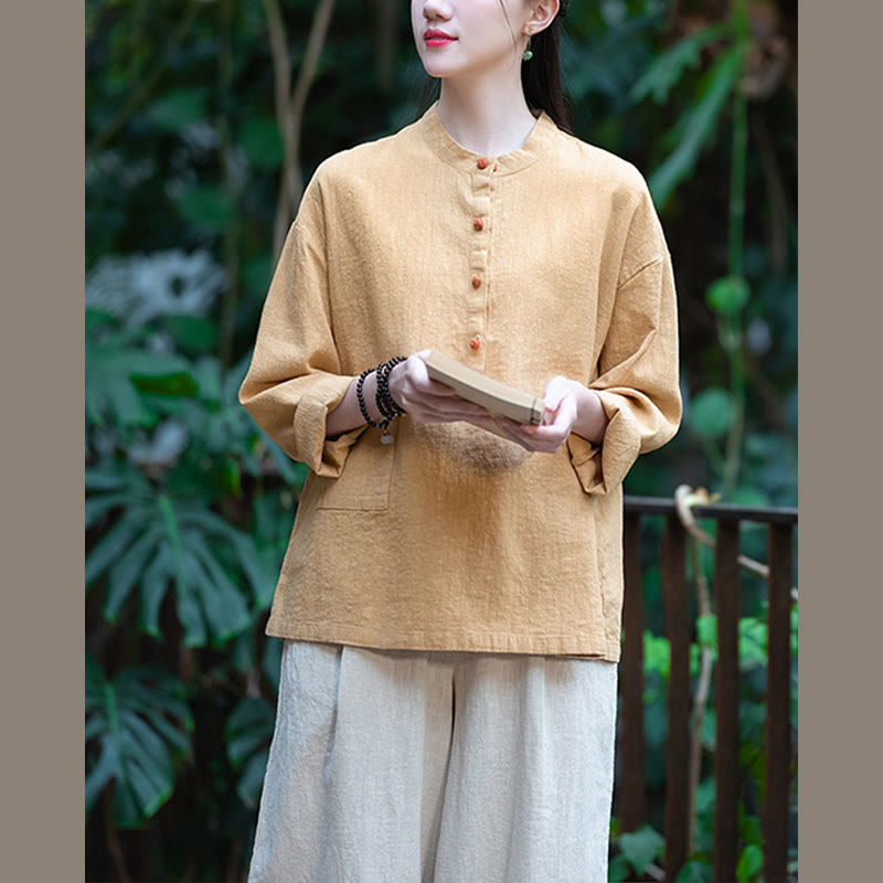 Buddha Stones Solid Color Loose Button Blouse Long Sleeve Shirt Top