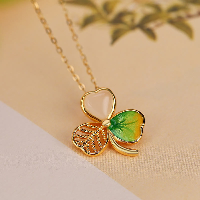 Buddha Stones 925 Sterling Silver Plated Gold Hetian Jade Luck Shamrock Clover Necklace Pendant Earrings