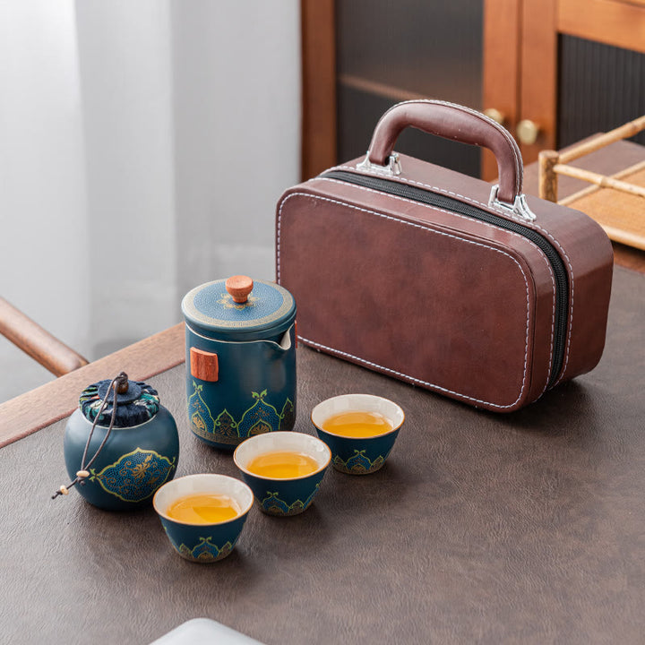 Flower Chinese Gongfu Ceramic Teapot Portable Outdoor Travel Tea Set Bag