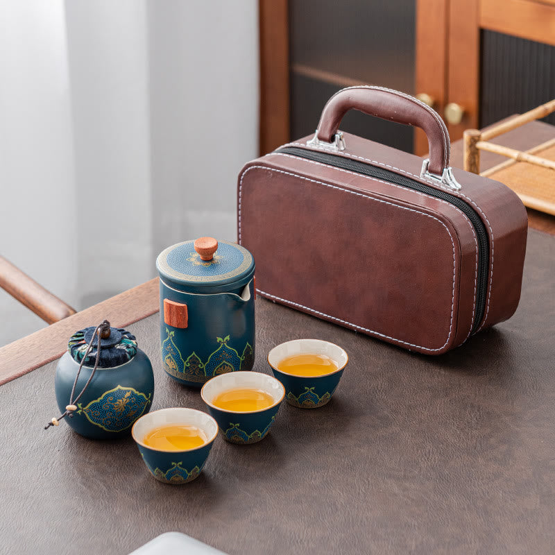 Flower Chinese Gongfu Ceramic Teapot Portable Outdoor Travel Tea Set Bag - image 0
