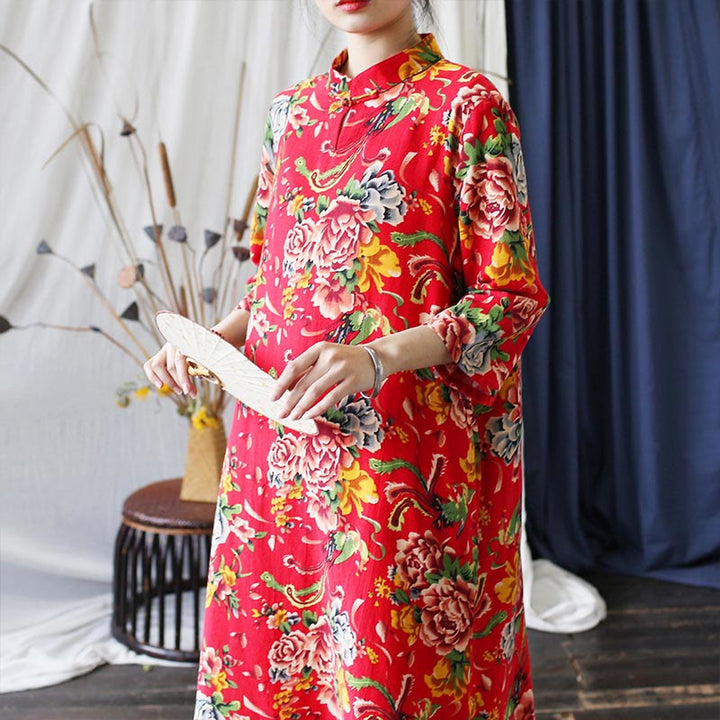 Buddha Stones Red Blue Peony Midi Dress Half Sleeve Cotton Linen Dress Wide Leg Pants With Pockets