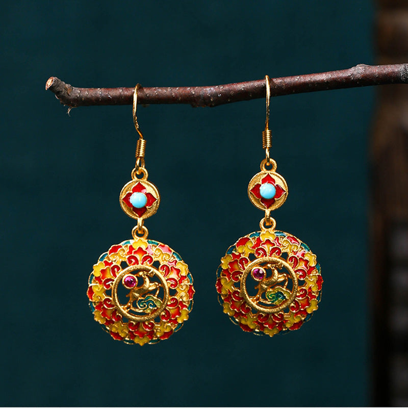 Buddha Stones 24K Gold Plated Dunhuang Color Elk Copper Balance Drop Earrings