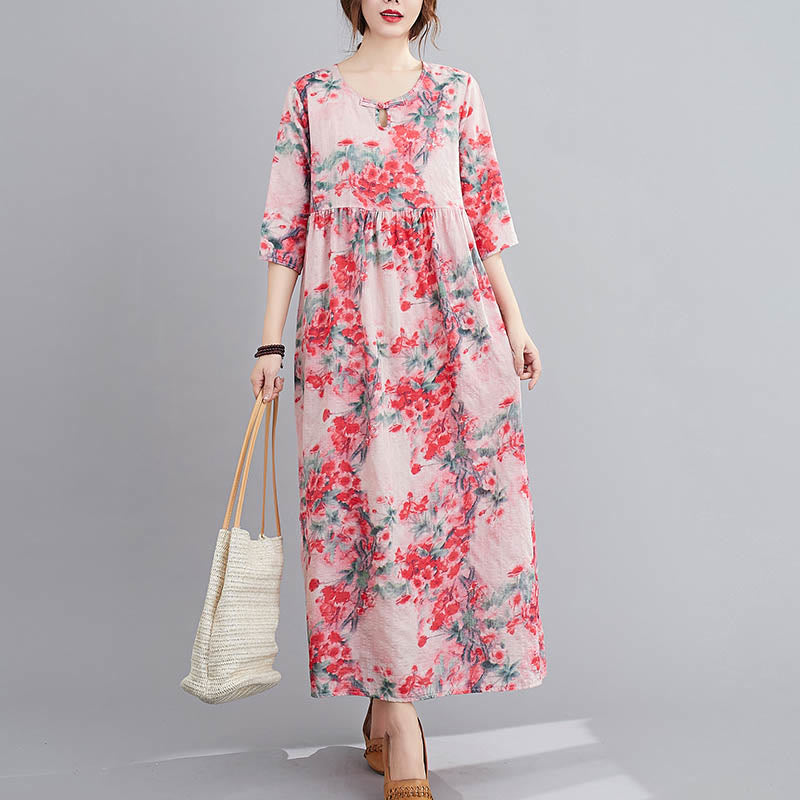 Buddha Stones Flowers Print Midi Dress Cotton Linen Tunic Dress With Pockets