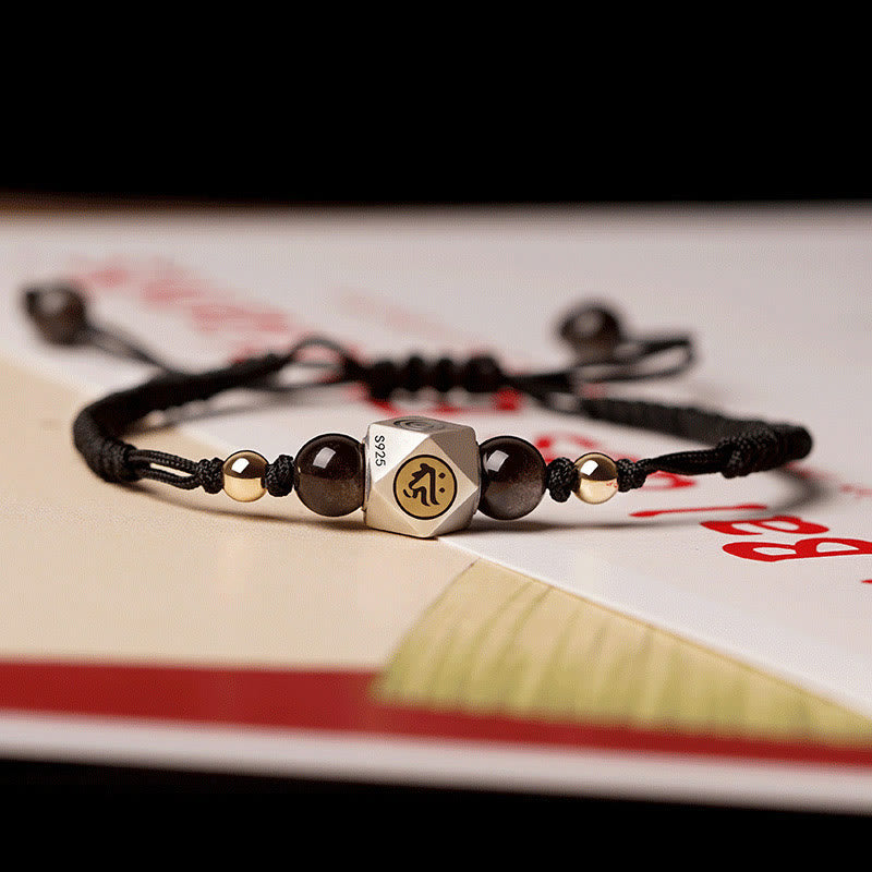 Buddha Stones Handmade 925 Sterling Silver Chinese Zodiac Natal Buddha Cinnabar Calm Braided Bracelet - Black Thick Rope(Wrist Circumference 14-17cm) - Dog/Pig-Amitabha Buddha - image 3