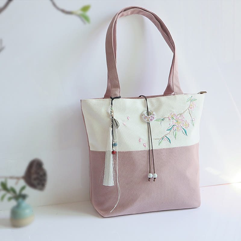 Pear Flower Plum Peach Blossom Bamboo Embroidery Canvas Large Capacity Shoulder Bag Tote Bag - image 32