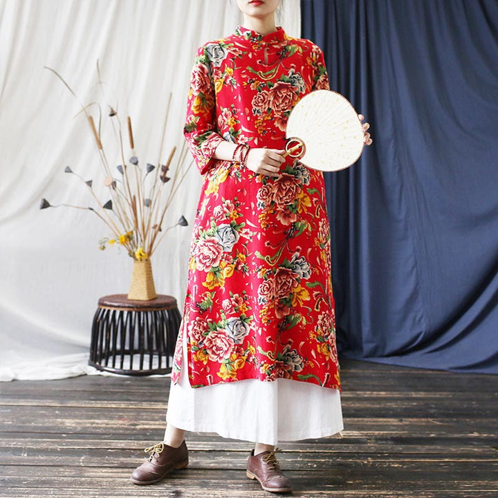 Buddha Stones Red Blue Peony Midi Dress Half Sleeve Cotton Linen Dress Wide Leg Pants With Pockets