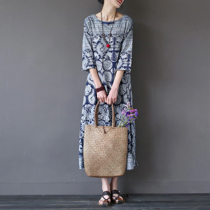 Buddha Stones Blue White Flower Printed Button Midi Dress Three Quarter Sleeve Cotton Linen Dress With Pockets