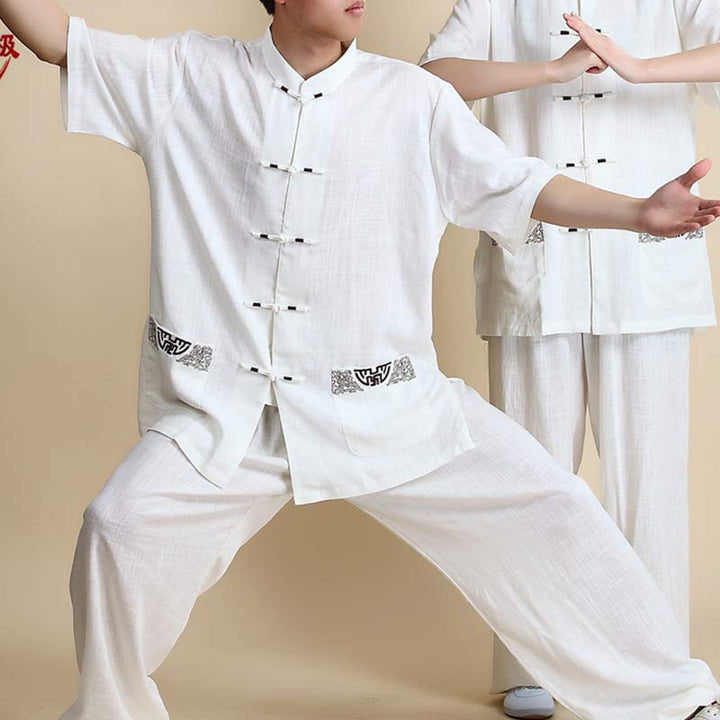 Buddha Stones Meditation Zen Prayer Spiritual Tai Chi Qigong Practice Unisex Embroidery Clothing Set - Short Sleeve White Embroidery - US14，UK/AU18，EU46 (3XL) - image 16