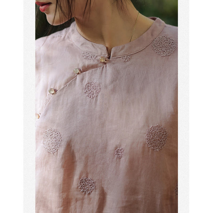 Buddha Stones Dandelion Flower Embroidery Half Sleeve Ramie Linen Chinese Cheongsam Midi Dress With Pockets