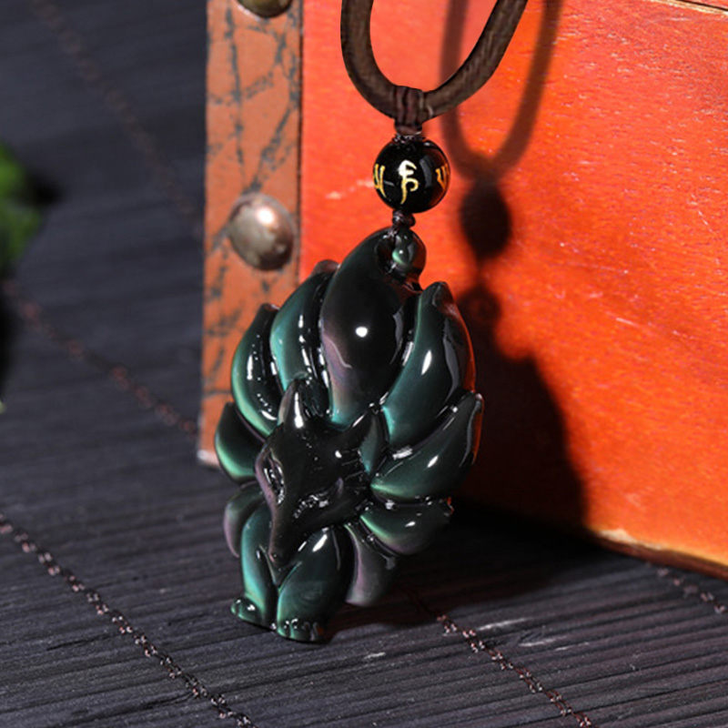 Buddha Stones Natural Rainbow Obsidian Gold Sheen Obsidian Nine Tailed Fox Positive Necklace Pendant