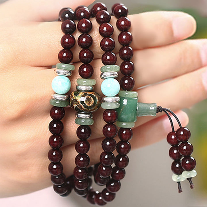 Buddha Stones 108 Beads Small Leaf Red Sandalwood Green Aventurine Amazonite Luck Healing Bracelet Mala