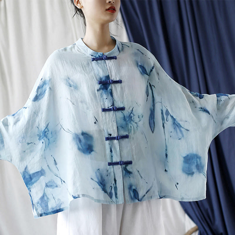 Buddha Stones Tie Dye Blue Flowers Frog-Button Design Long Sleeve Ramie Linen Jacket Shirt